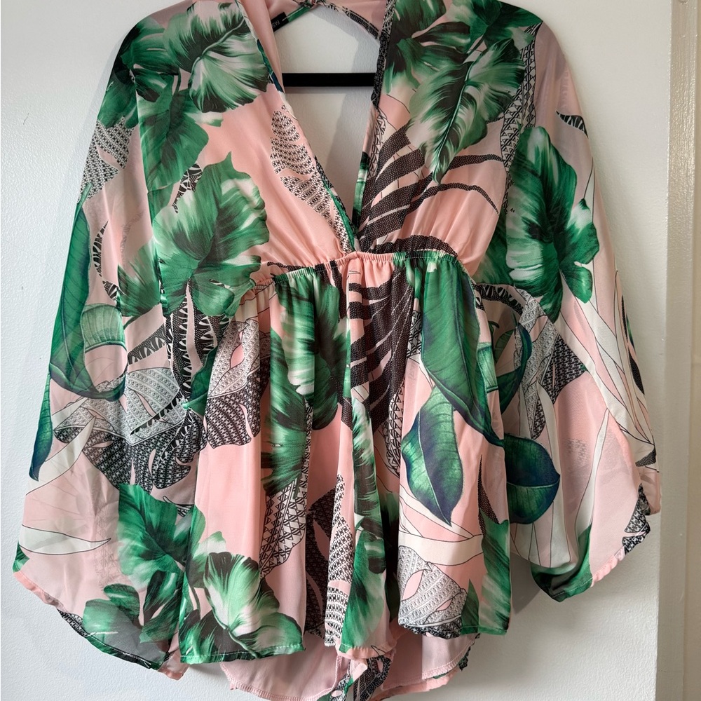 Fashion Nova Pink and Green Leaf Kimono